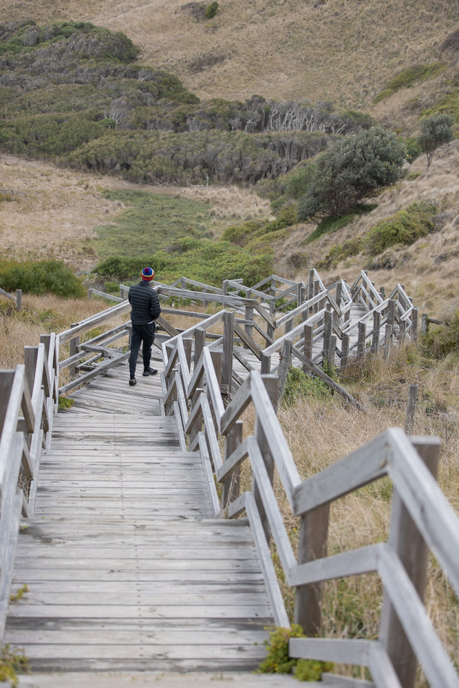 A person wearing a black jacket and a colorful beanie walks down a wooden boardwalk that winds through a grassy, hilly landscape.
