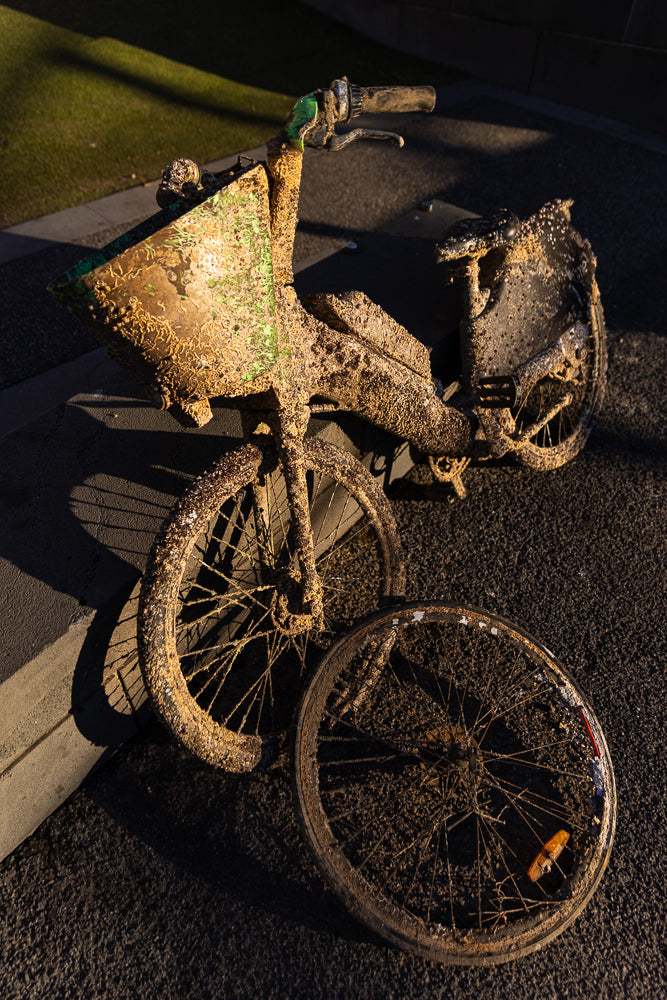 A heavily damaged and mud-covered bicycle lies on its side on asphalt. The front wheel is detached and lies next to the bike. The bike appears to be a rental bike, possibly from a service like Lime, given the green accents on the handlebars and frame.