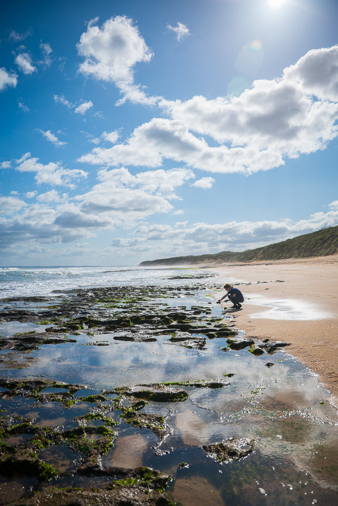 A person crouches by the water's edge on a rocky shore, examining something in a tide pool. The sun shines brightly in a blue sky with scattered clouds, casting reflections on the water.