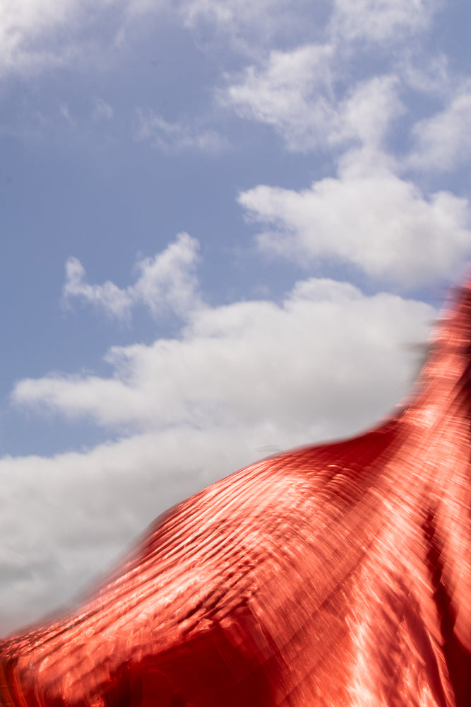 A close-up, abstract shot of a red fabric billowing in the wind against a cloudy sky. The fabric is translucent, allowing light to shine through and highlight its textured folds.