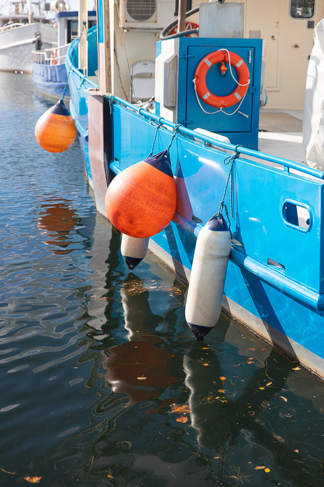 A close-up view of a blue boat docked in the water. Several orange and white buoys hang from the side of the boat, attached by ropes. A life preserver is mounted on a blue cabinet on the deck. The water is dark and reflects the boat and sky.