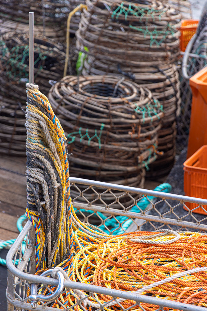 Fishing nets and ropes piled up on a boat.