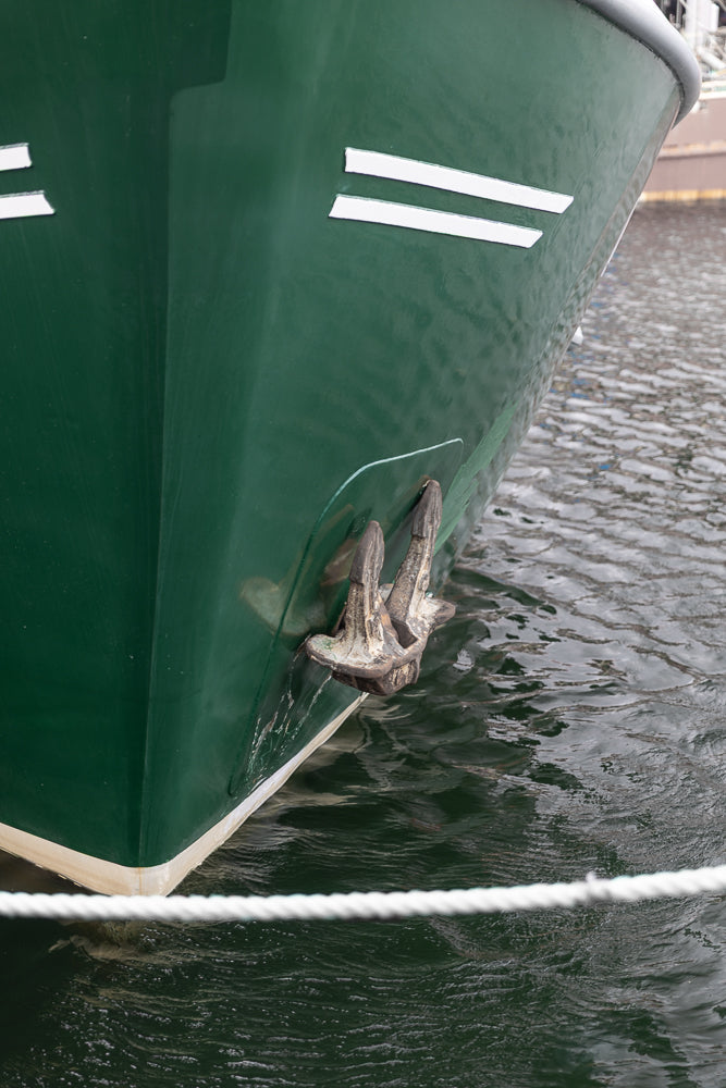 The bow of a green boat with a white stripe and an anchor is visible above dark, rippling water. A thick white rope runs across the foreground.