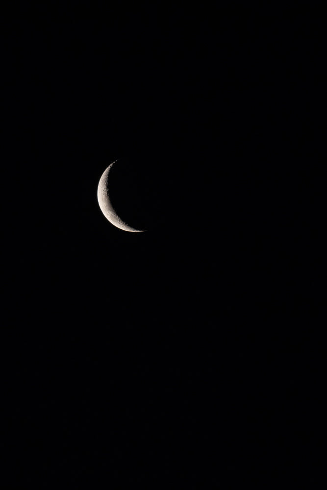 A crescent moon is visible against a completely black sky. The moon is illuminated from the right, showing its textured surface.