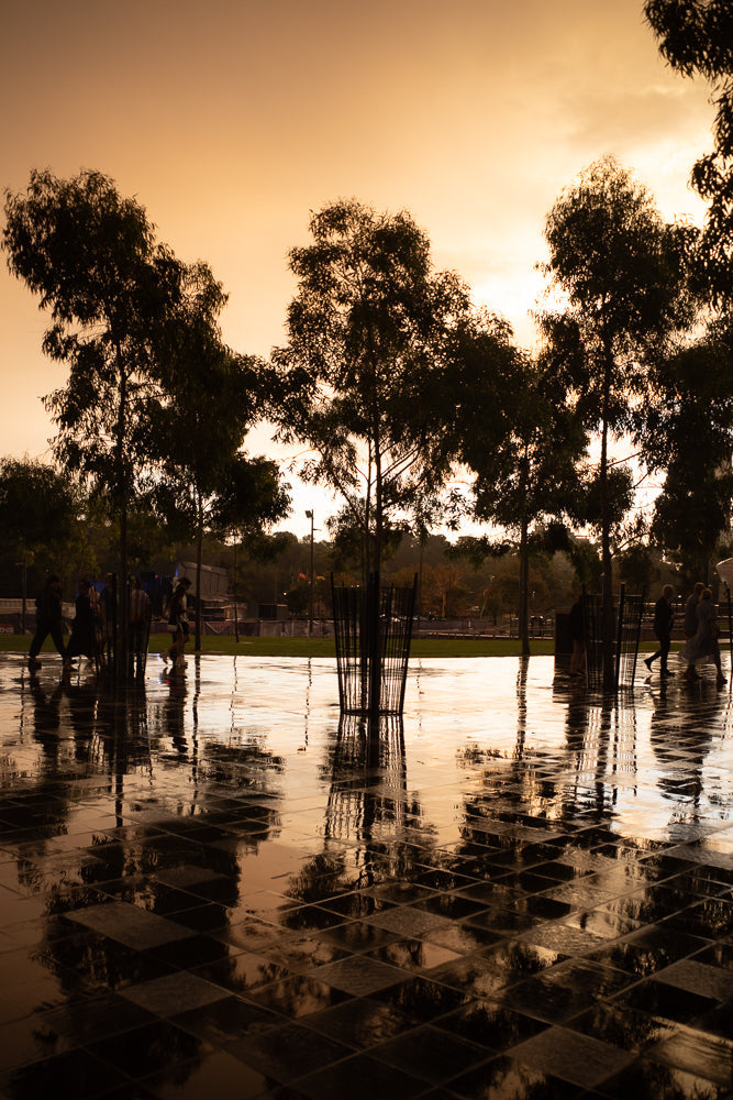 Silhouettes of trees and people walking on a wet, reflective tiled plaza under a warm, orange sunset sky.