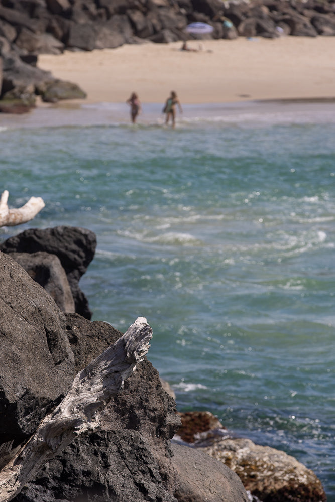 A weathered piece of driftwood rests on dark rocks in the foreground, with the turquoise ocean and a sandy beach in the background. Two people are visible wading in the shallow water.