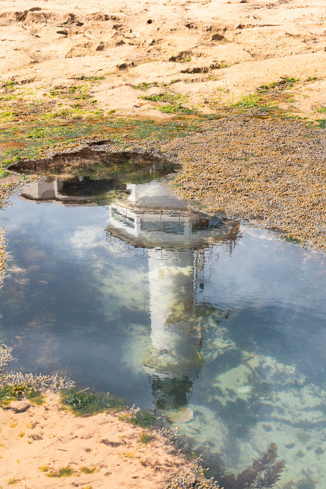 The reflection of a white lighthouse in a tide pool on a sandy beach with seaweed.
