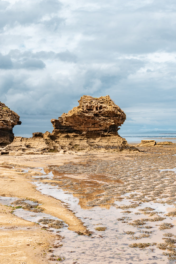 A dramatic rock formation stands on a sandy beach at low tide. The textured, golden rock is weathered and pitted, with smaller rocks and pools of water reflecting the cloudy sky in the foreground.