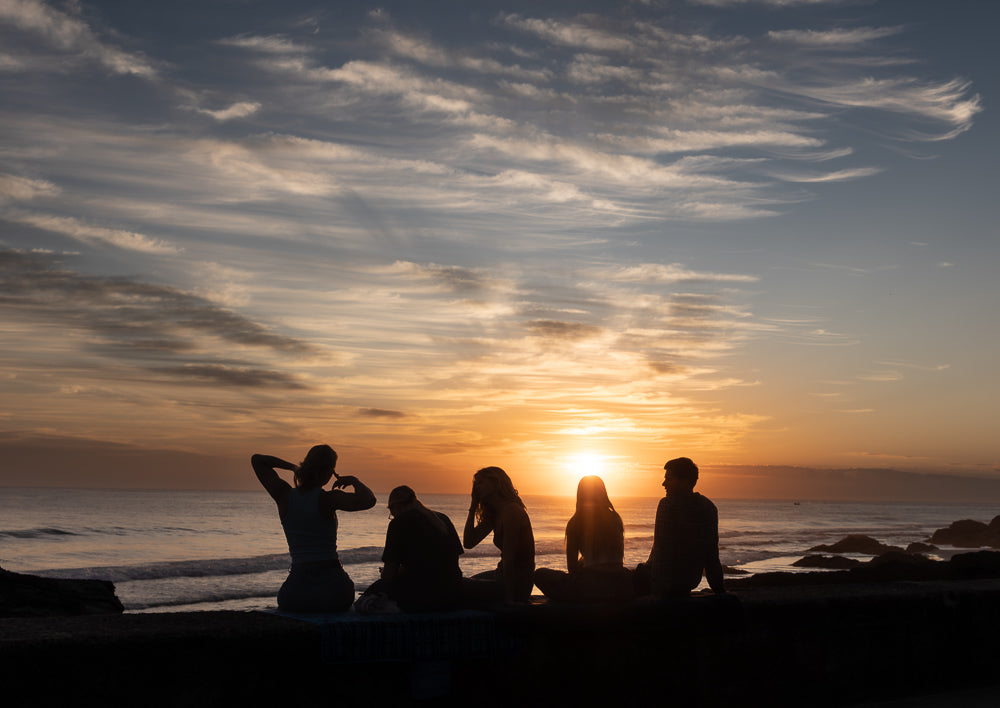 Silhouetted group of people watching sunset by the ocean