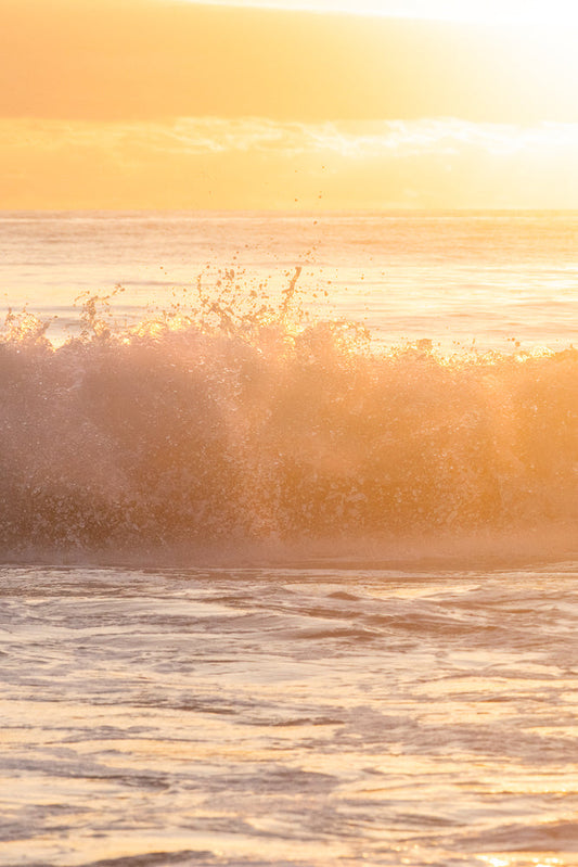Sun illuminating a wave with golden light at sunrise