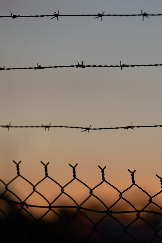 Silhouetted barbed wire and chain-link fence against a soft orange and grey sky at dusk.