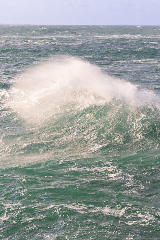 A large wave crashes, sending a plume of white spray into the air against a backdrop of choppy, green water and a pale sky.