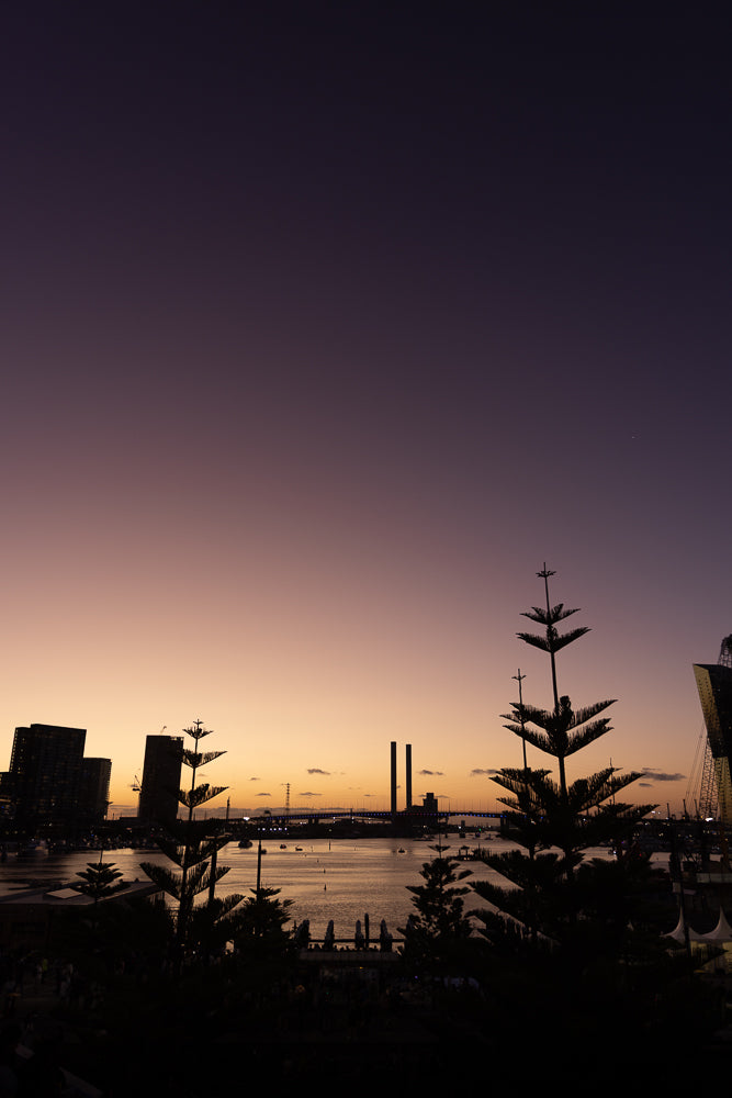 A city skyline at dusk, with silhouetted trees in the foreground. The sky transitions from deep purple to orange, with a few clouds visible. Boats are scattered on the water, and city lights begin to twinkle.