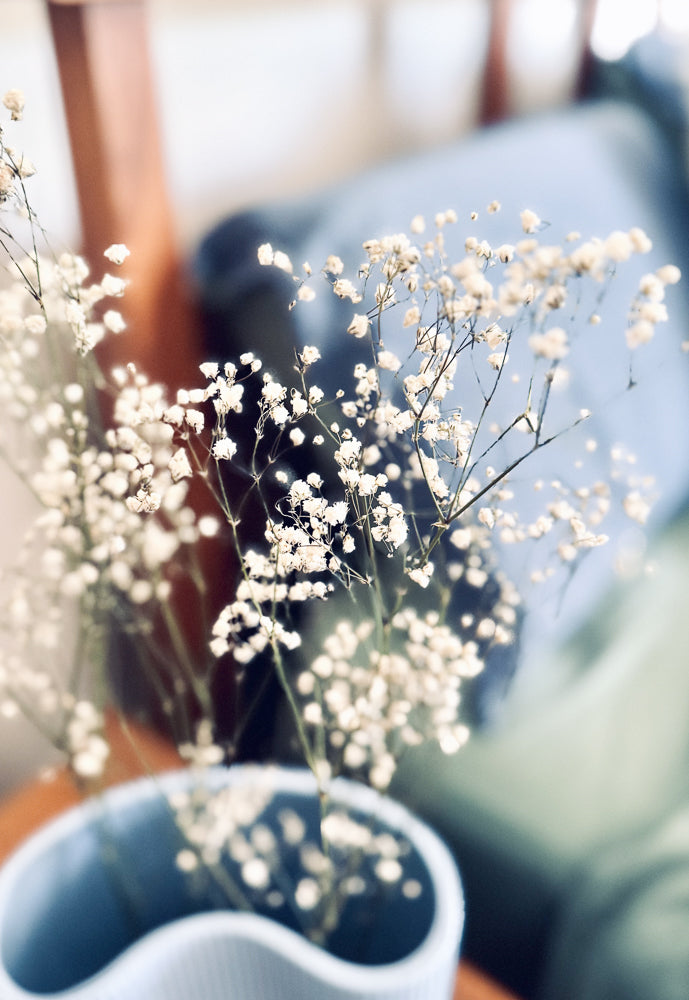 A close-up shot of delicate white baby's breath flowers in a light blue vase. The background is softly blurred, showing hints of warm wood and a muted blue fabric.