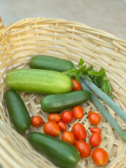 A woven basket filled with fresh produce, including several small cucumbers, cherry tomatoes, and green onions.
