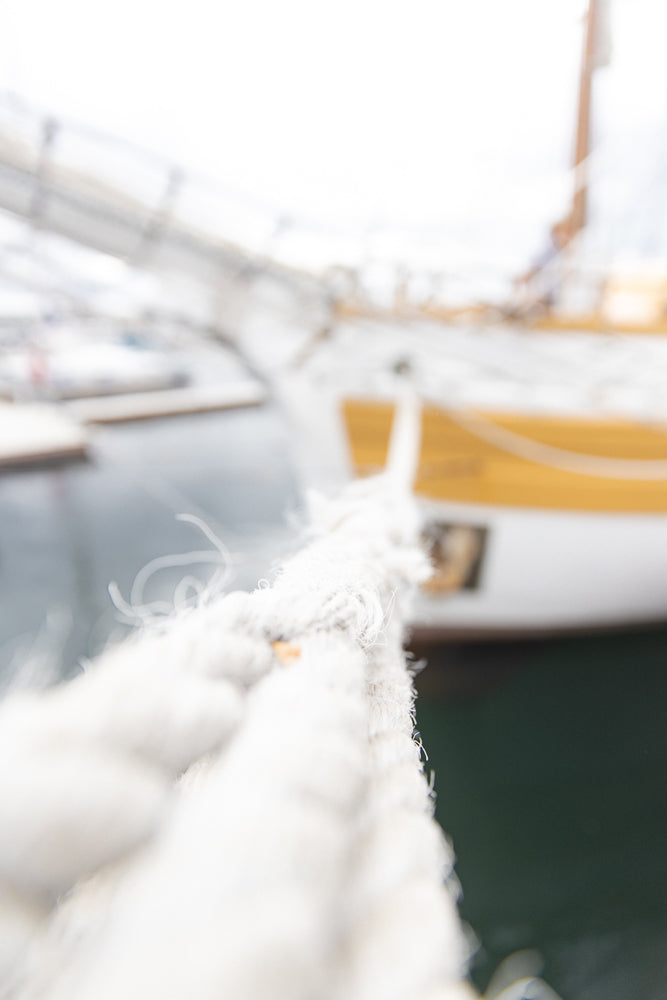 A thick white rope is in the foreground, blurred and out of focus. In the background, a blurred yellow and white sailboat is docked in the water.
