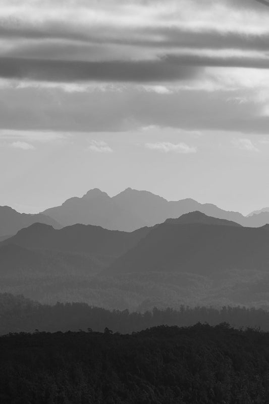 A black and white image of layered mountain ranges fading into the distance under a cloudy sky. The foreground shows a dark, dense forest.