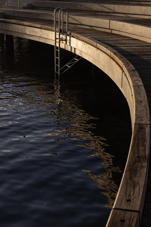 A curved wooden boardwalk with concrete steps leads to dark water. A silver ladder extends from the boardwalk into the water, with its reflection rippling on the surface.