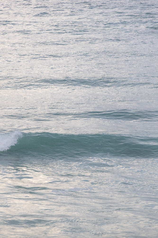 A close-up, high-angle shot of the ocean surface shows gentle waves and ripples under soft, diffused light. The water is a muted teal and grey, with sunlight reflecting off the surface in shimmering patterns.