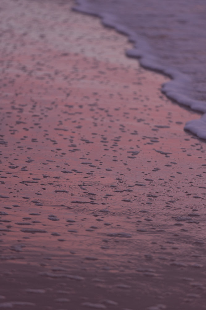 A close-up shot of the ocean's edge at sunset. The water is a soft purple hue, reflecting the sky. Small bubbles and foam from the receding tide are scattered across the wet sand.