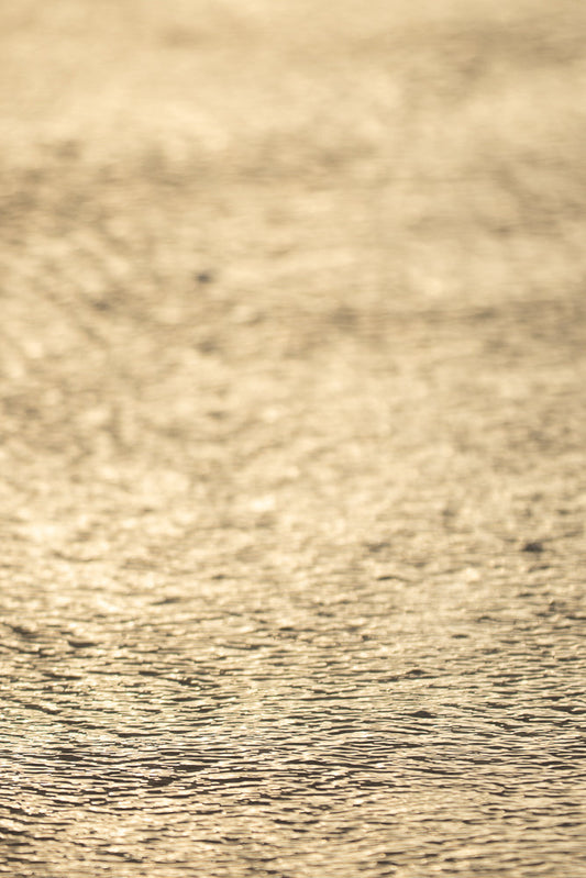 Close-up of rippling water with golden sunlight reflecting off the surface, creating a textured pattern of light and shadow.