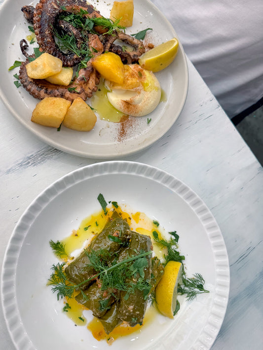Two plates of Mediterranean food. The top plate features grilled octopus with potatoes and a dollop of hummus. The bottom plate contains dolmades, or stuffed grape leaves, garnished with dill and lemon.