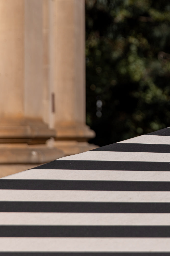 A close-up shot of a striped surface with black and white stripes. In the background, out of focus, are large stone columns and dark green foliage.