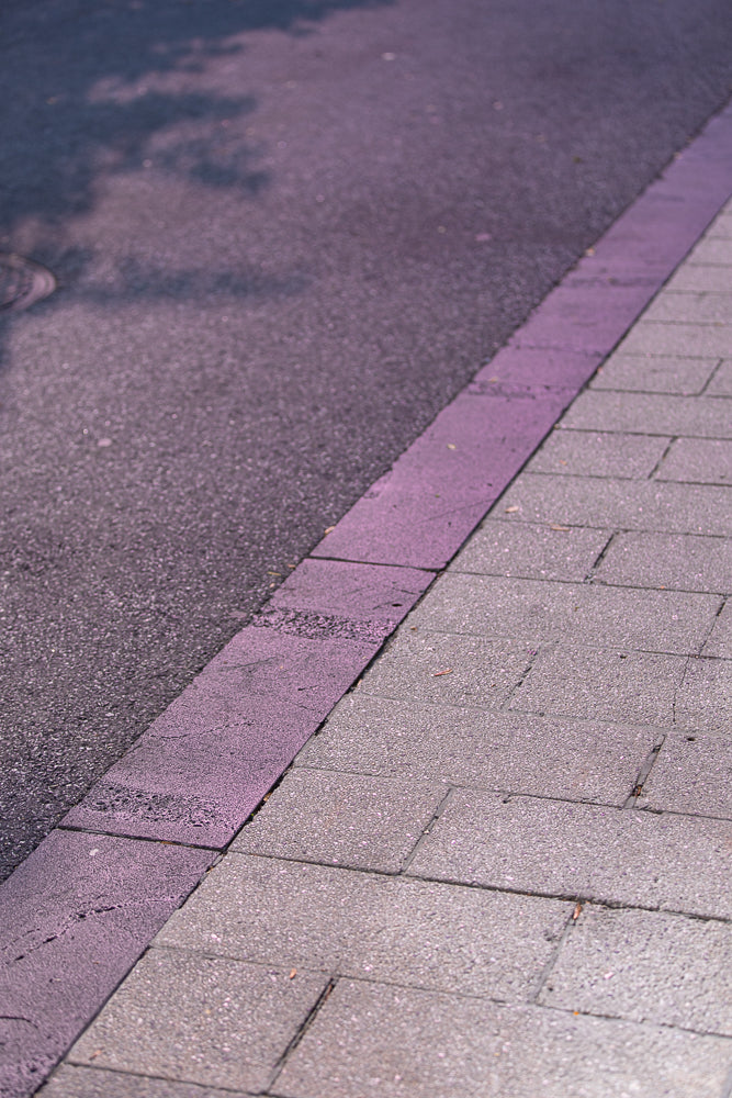 A close-up, angled shot shows a sidewalk made of grey concrete pavers next to a street with a purple painted curb. The lighting creates a soft, diffused effect.