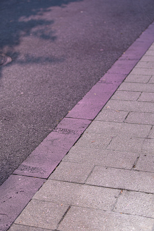A close-up, angled shot shows a sidewalk made of grey concrete pavers next to a street with a purple painted curb. The lighting creates a soft, diffused effect.