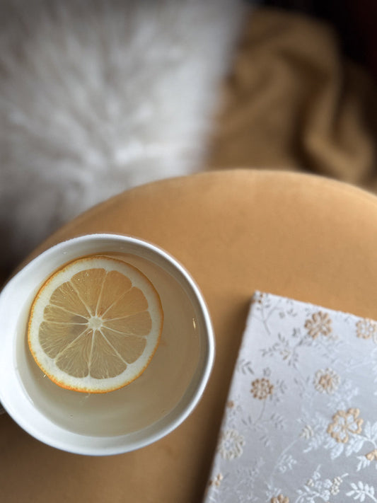 A close-up shot shows a slice of lemon floating in a white mug of clear liquid. Next to the mug is a small, white notebook with a delicate floral pattern. The background is a soft, blurred mix of beige and white textures.