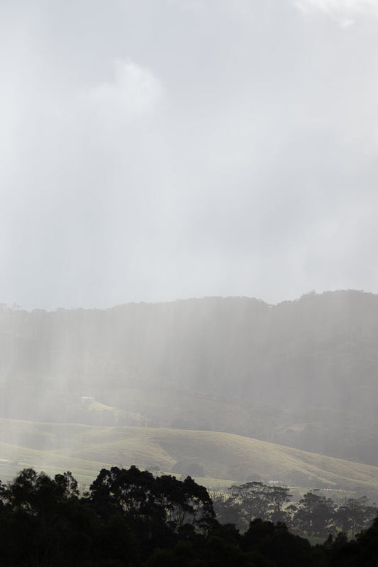 Rain falls on rolling hills and trees under a cloudy sky.