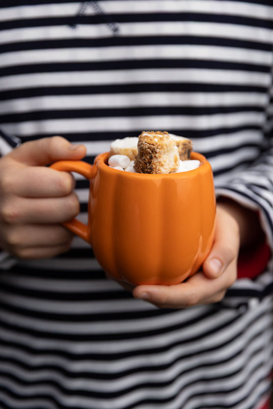 A person wearing a striped shirt holds an orange pumpkin-shaped mug filled with hot chocolate and marshmallows. One marshmallow is toasted.