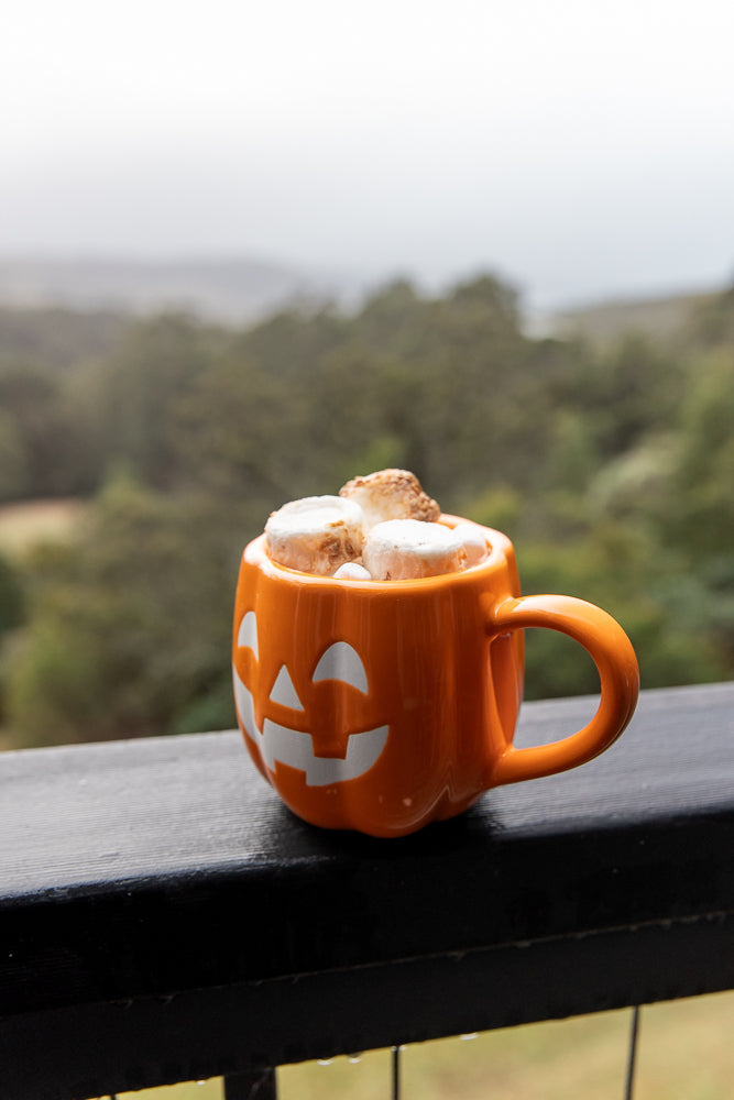 A close-up shot of a pumpkin-shaped mug filled with hot chocolate and marshmallows, sitting on a dark railing with a blurred forest background.