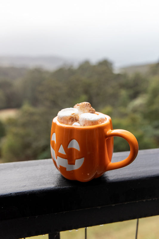 A close-up shot of a pumpkin-shaped mug filled with hot chocolate and marshmallows, sitting on a dark railing with a blurred forest background.