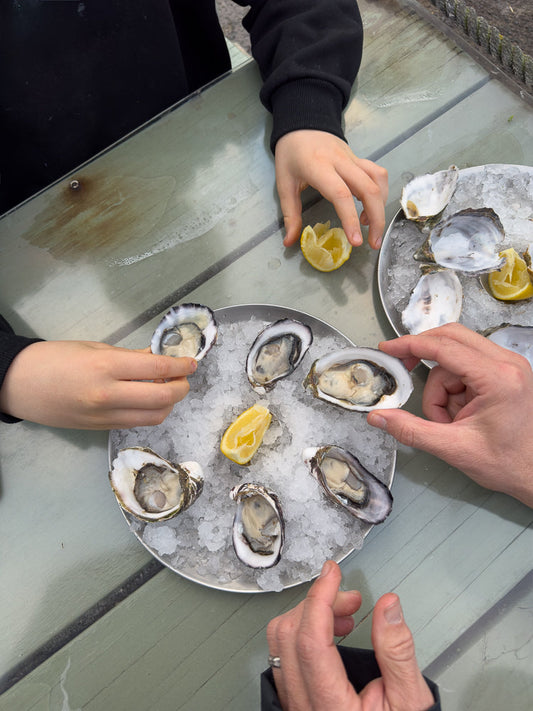 A top-down view of a table with two plates of oysters on ice, garnished with lemon wedges. Several hands are reaching for the oysters, suggesting a shared meal.