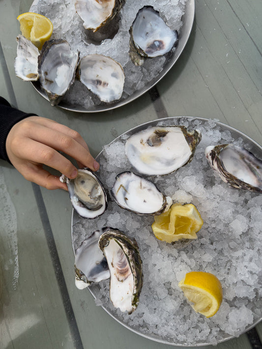 A person's hand reaches for an oyster on a bed of crushed ice. Two metal platters are filled with oysters and lemon wedges, presented on a light gray wooden table.