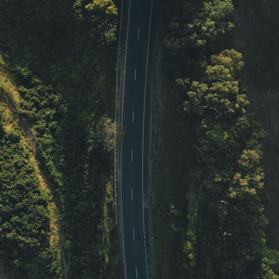 Moody top-down aerial of a road with green fields and trees