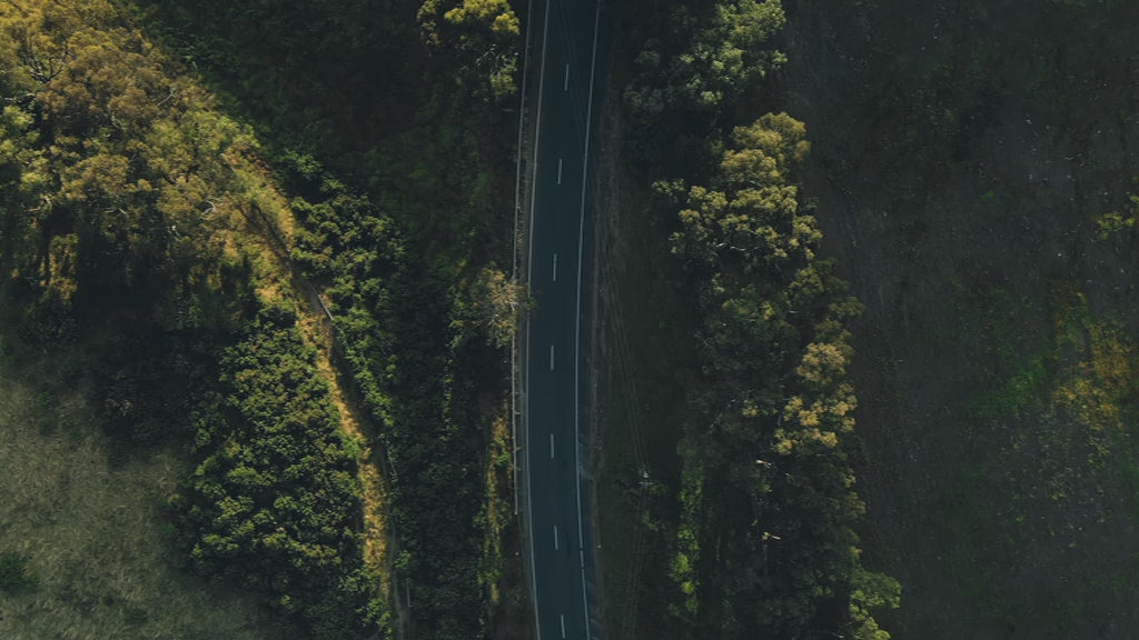 Moody top-down aerial of a road with green fields and trees