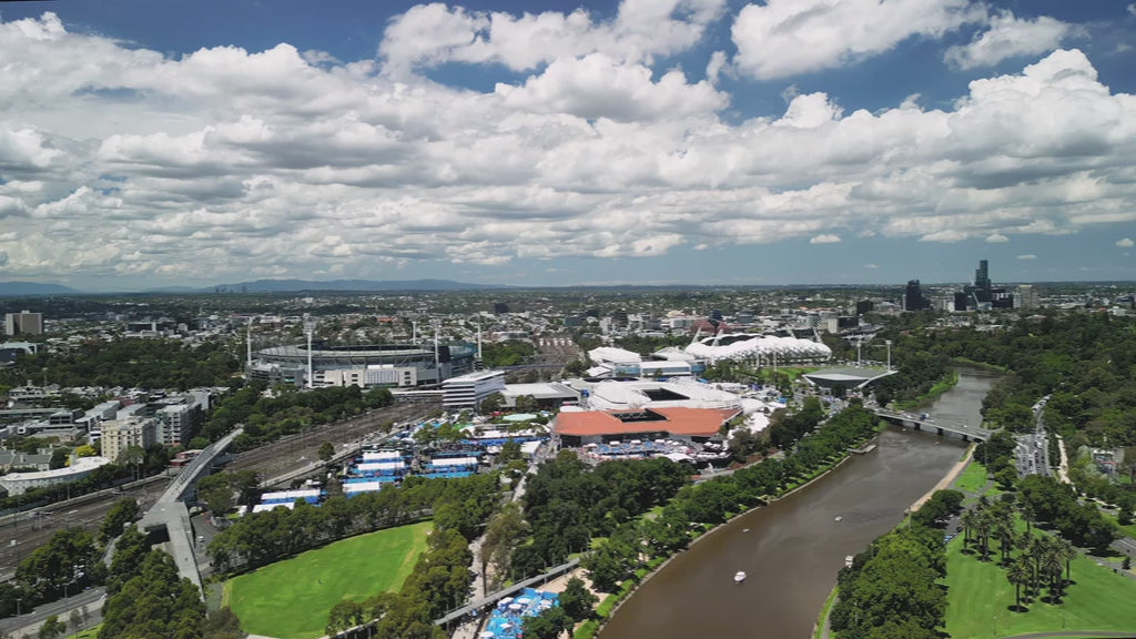 Aerial view of Melbourne Yarra River sports precinct including MCG day