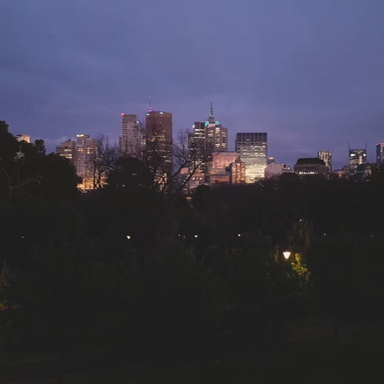 Aerial view of Melbourne skyline at sunrise, flying up from trees