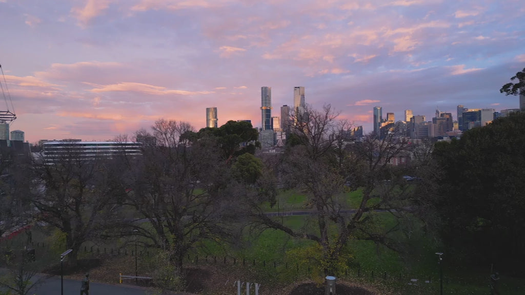 Aerial view of Melbourne skyline at sunrise, flying up from parkland