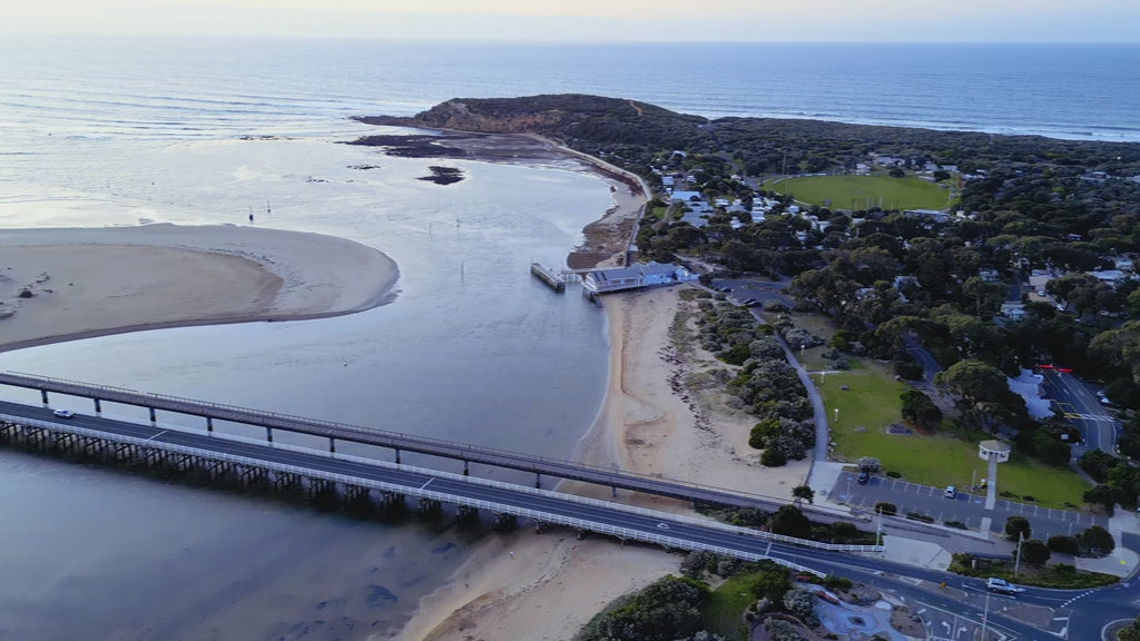 Barwon Heads River stretching towards Barwon Bluff aerial drone