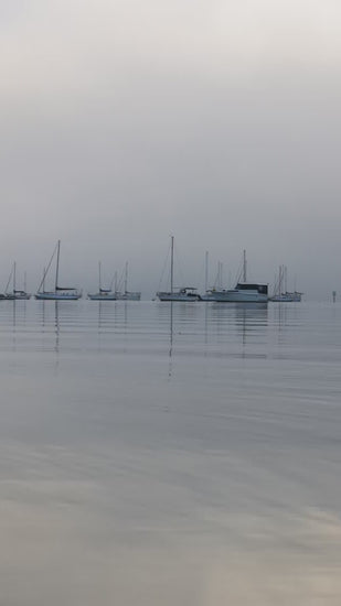 Serene line of sailboats and yachts anchored in a tranquil harbor on a foggy morning. The calm water perfectly reflects the boats