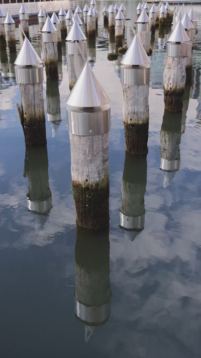 Numerous wooden pilings with protective steel caps stand in calm water. The serene surface of the harbor reflects the blue sky and clouds