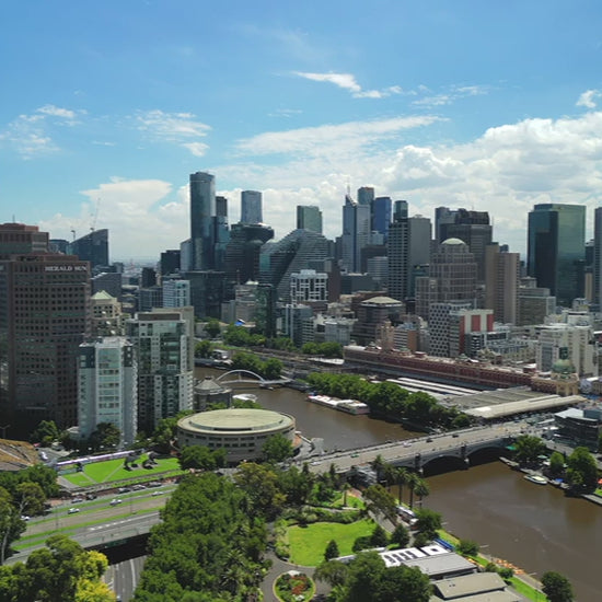 Aerial view Melbourne Skyline with the Yarra River and Spire - day