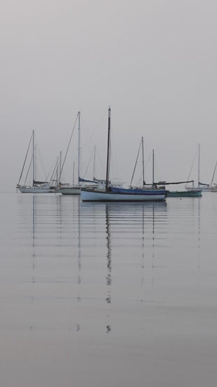 Sailboats with lowered sails moored in a tranquil harbor on a foggy, overcast morning. The still water creates serene reflections