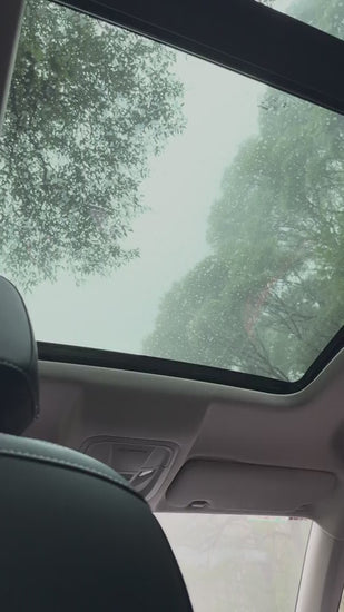 View from inside a car of an electric sunroof opening automatically. Treetops and a gray sky are visible through the wet glass panel