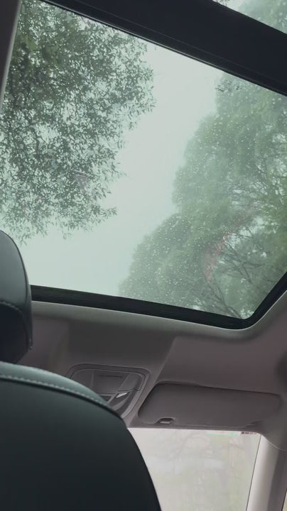 View from inside a car of an electric sunroof opening automatically. Treetops and a gray sky are visible through the wet glass panel