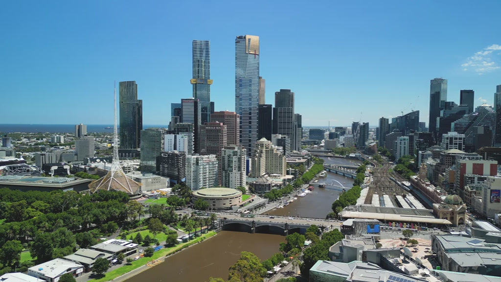 Aerial View Melbourne skyline with the Yarra River to the Bay
