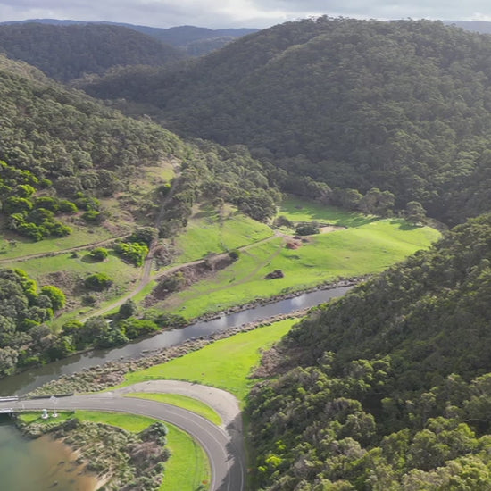Great Ocean Road near Lorne. Aerial track along St George River to Otways Mountains. High-quality 4k footage